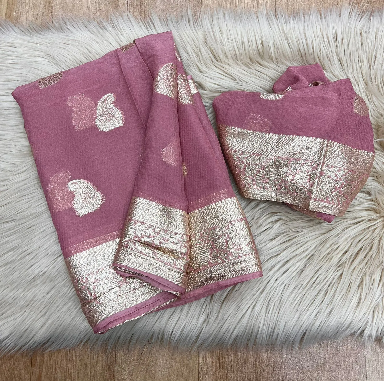 Dusty pink Banarasee soft silk georgette Saree