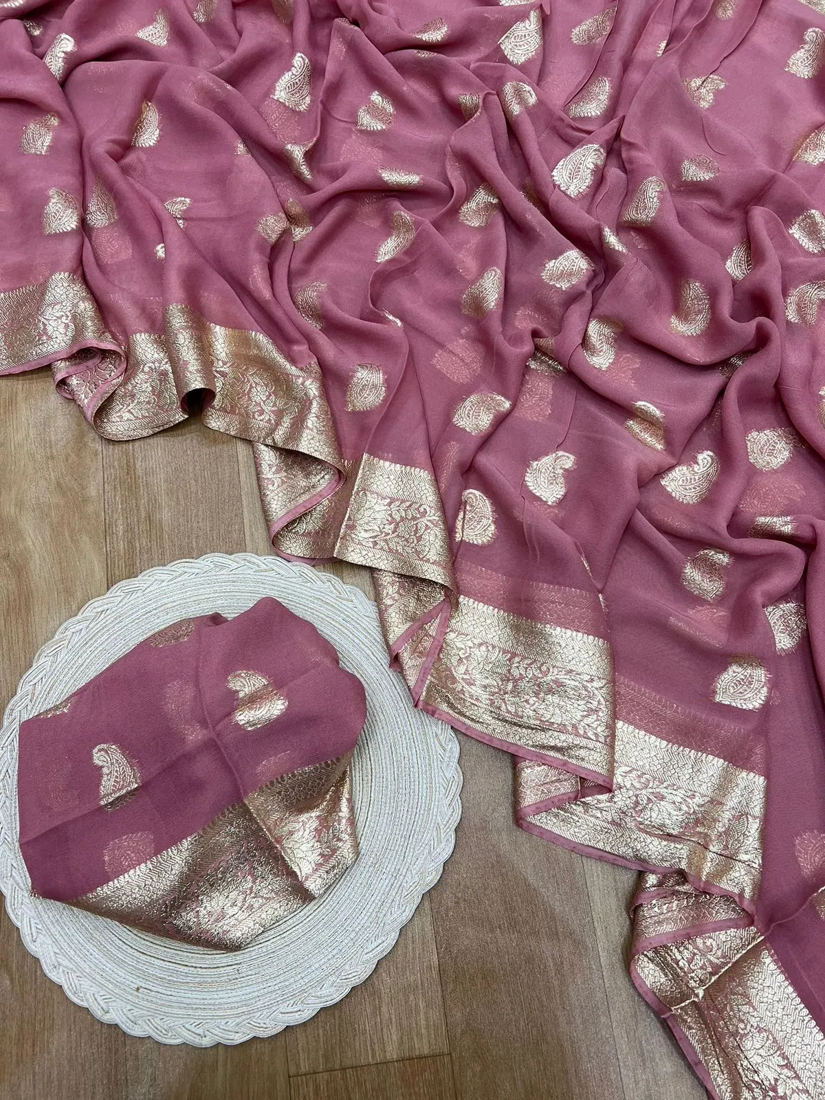 Dusty pink Banarasee soft silk georgette Saree
