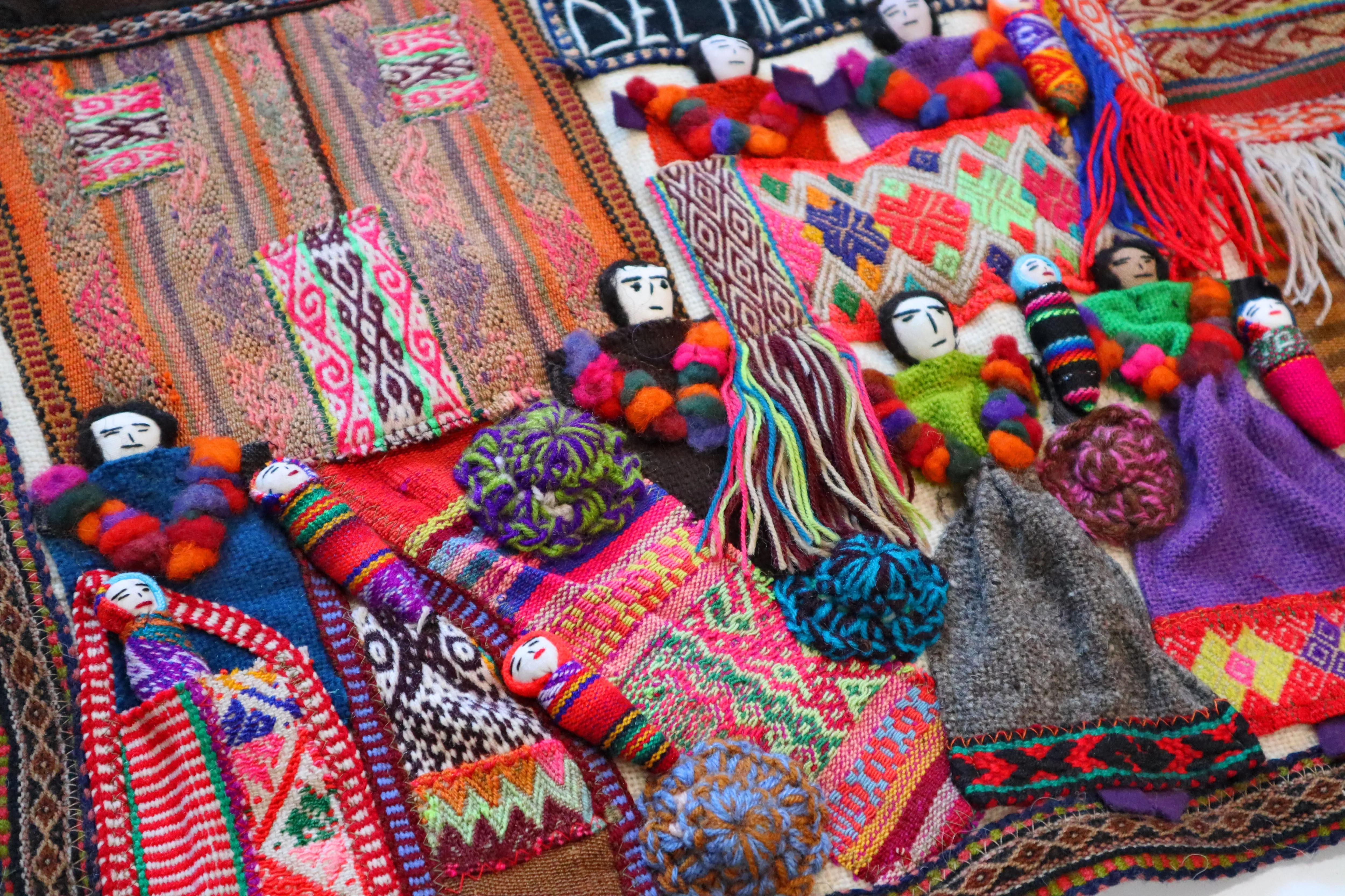 Embroidered Textile Tapestry. Traditional Tribute to the Andean Father. Arpillera 22.75" L x 19" W