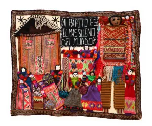 Embroidered Textile Tapestry. Traditional Tribute to the Andean Father. Arpillera 22.75" L x 19" W