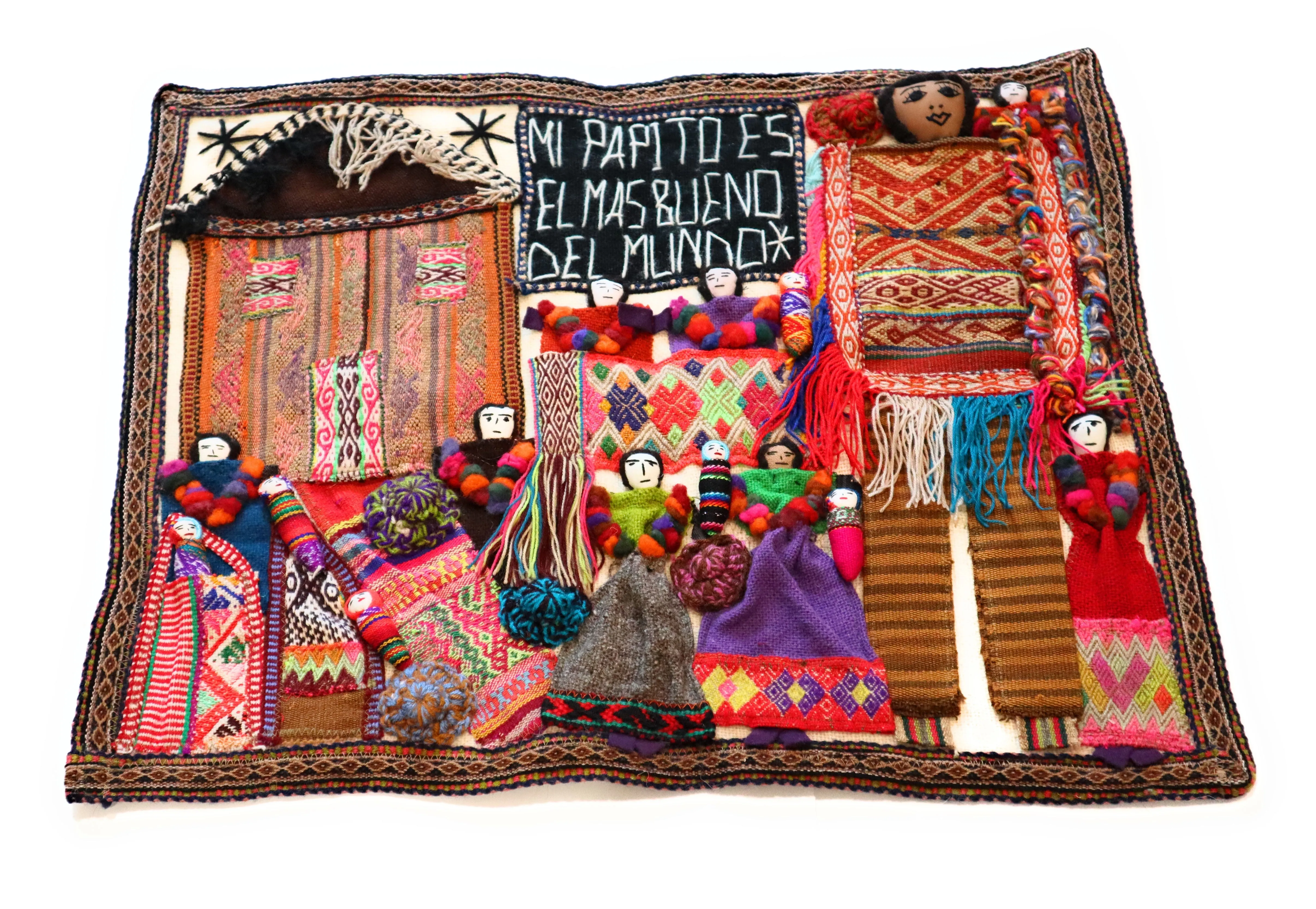 Embroidered Textile Tapestry. Traditional Tribute to the Andean Father. Arpillera 22.75" L x 19" W
