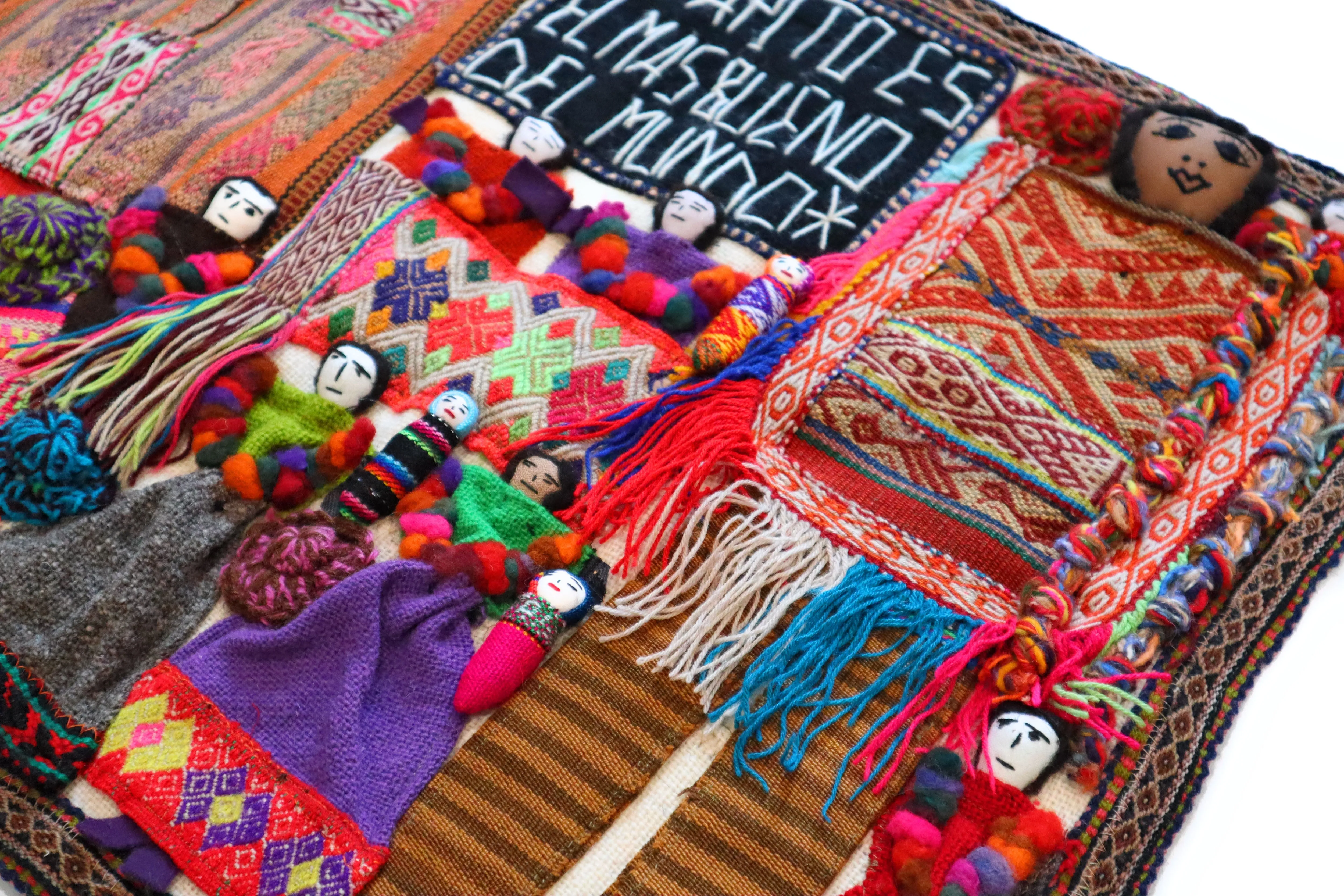 Embroidered Textile Tapestry. Traditional Tribute to the Andean Father. Arpillera 22.75" L x 19" W