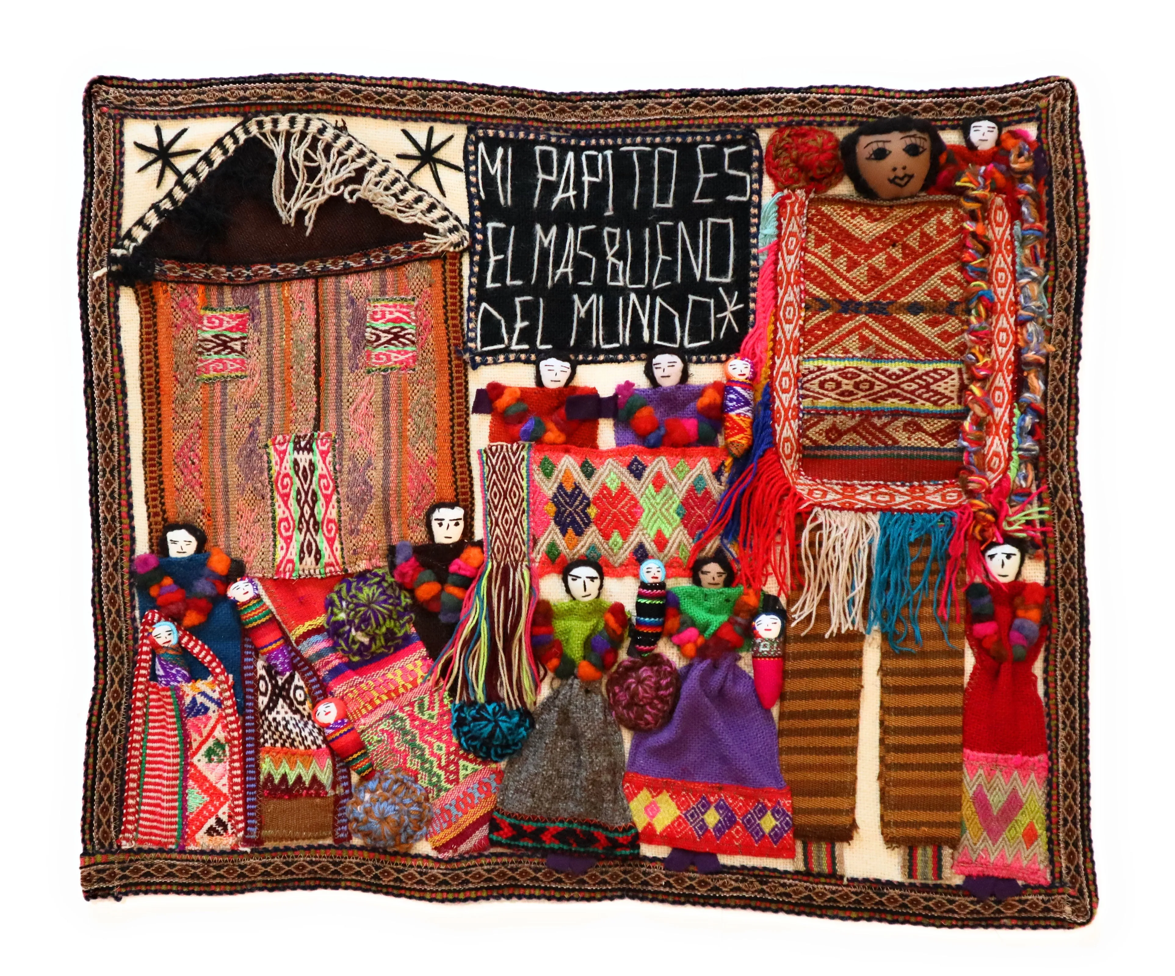 Embroidered Textile Tapestry. Traditional Tribute to the Andean Father. Arpillera 22.75" L x 19" W