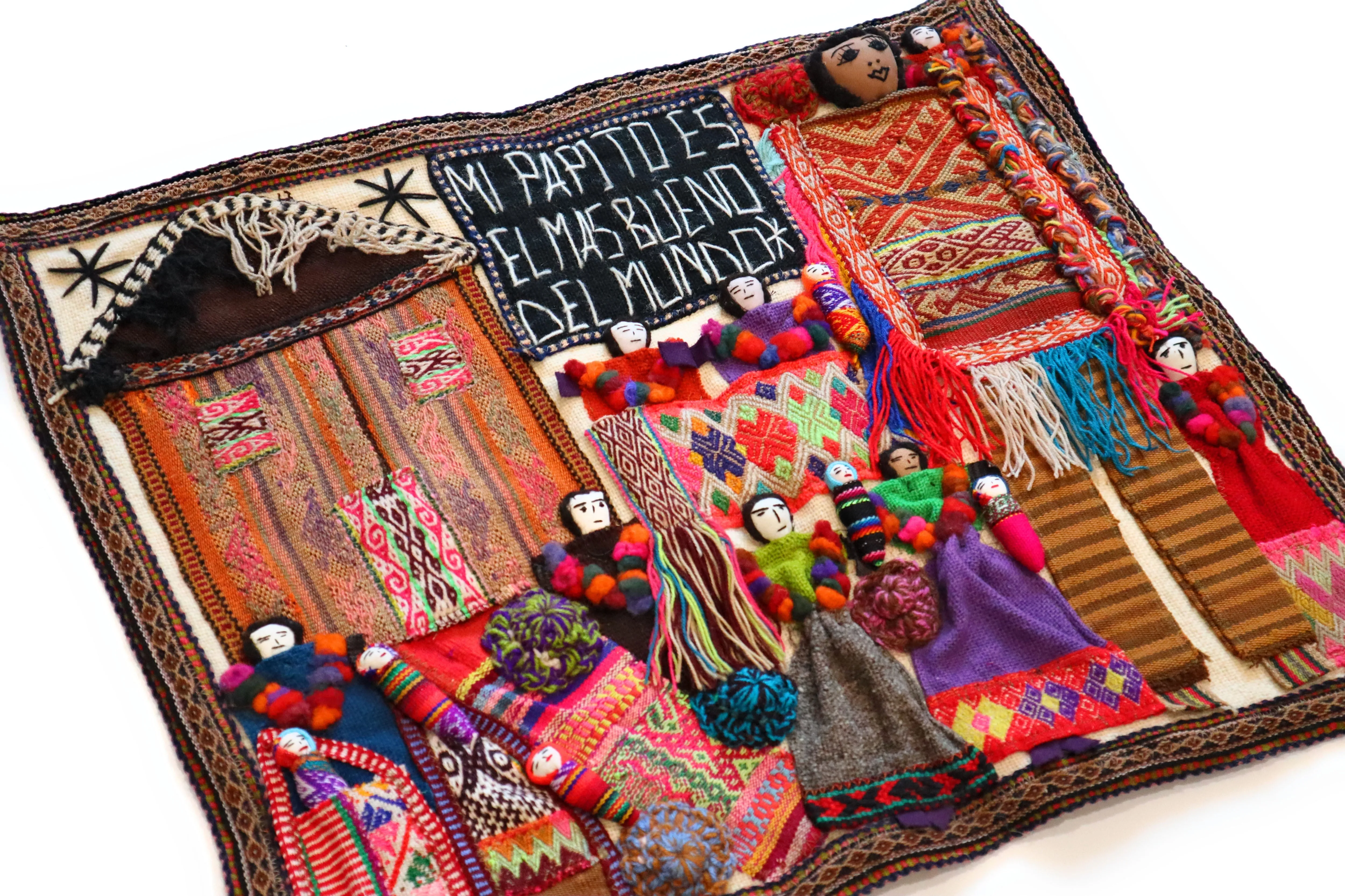Embroidered Textile Tapestry. Traditional Tribute to the Andean Father. Arpillera 22.75" L x 19" W
