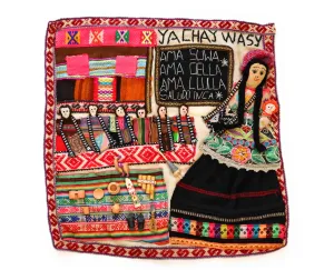Embroidered Textile Tapestry. Tribute to Education. Three Laws of Inca Empire. Arpillera 24" L x 24.5" W