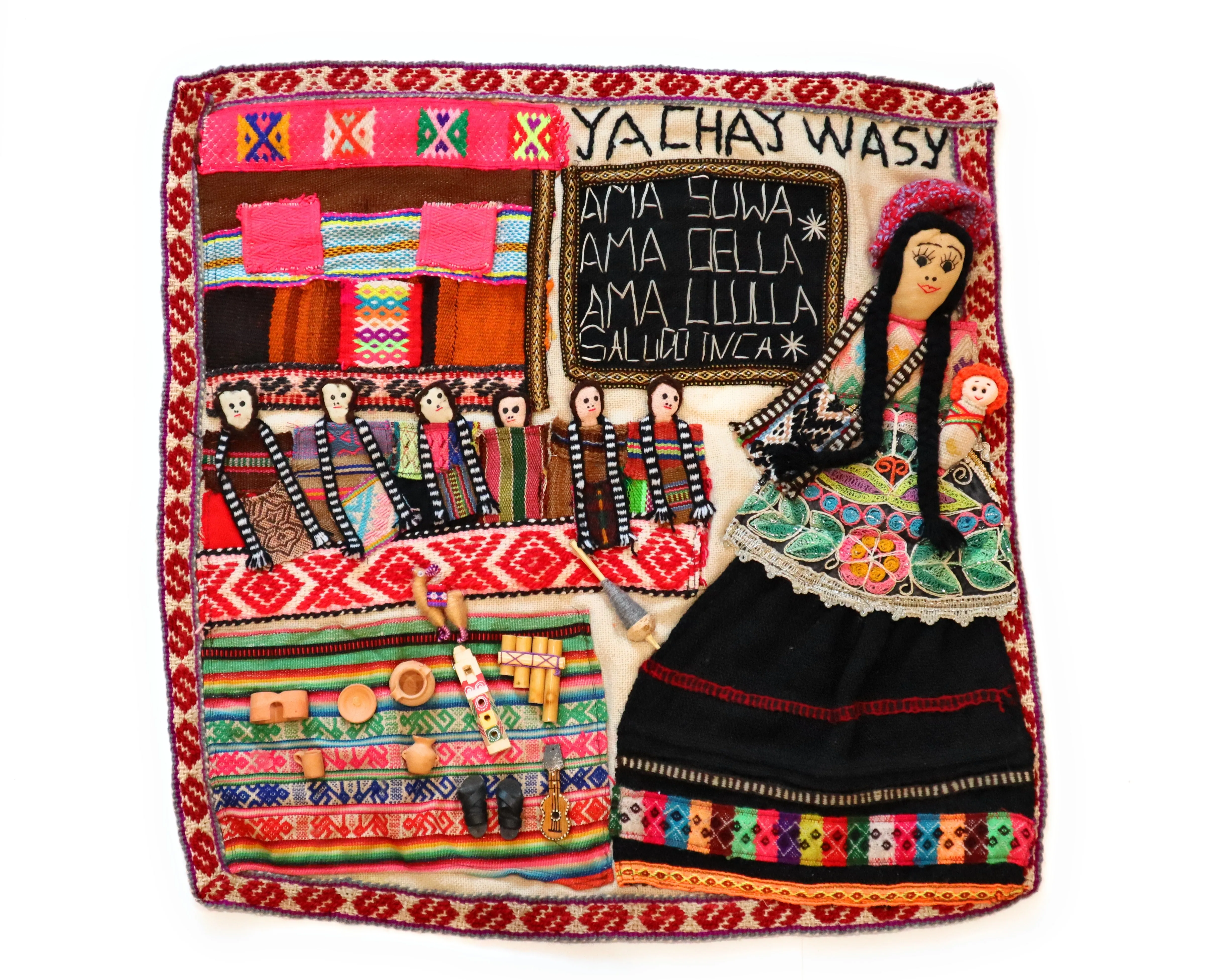 Embroidered Textile Tapestry. Tribute to Education. Three Laws of Inca Empire. Arpillera 24" L x 24.5" W