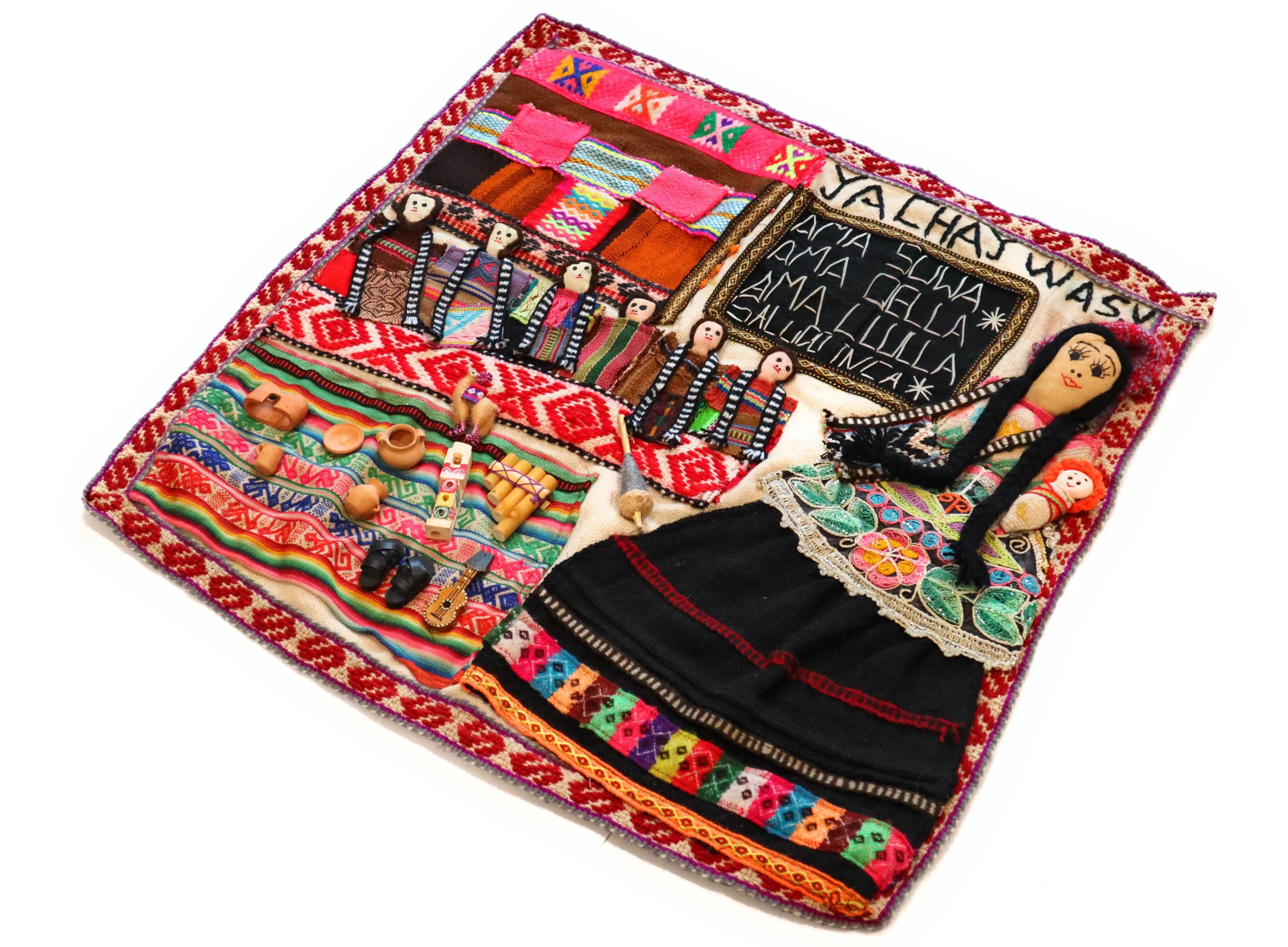 Embroidered Textile Tapestry. Tribute to Education. Three Laws of Inca Empire. Arpillera 24" L x 24.5" W