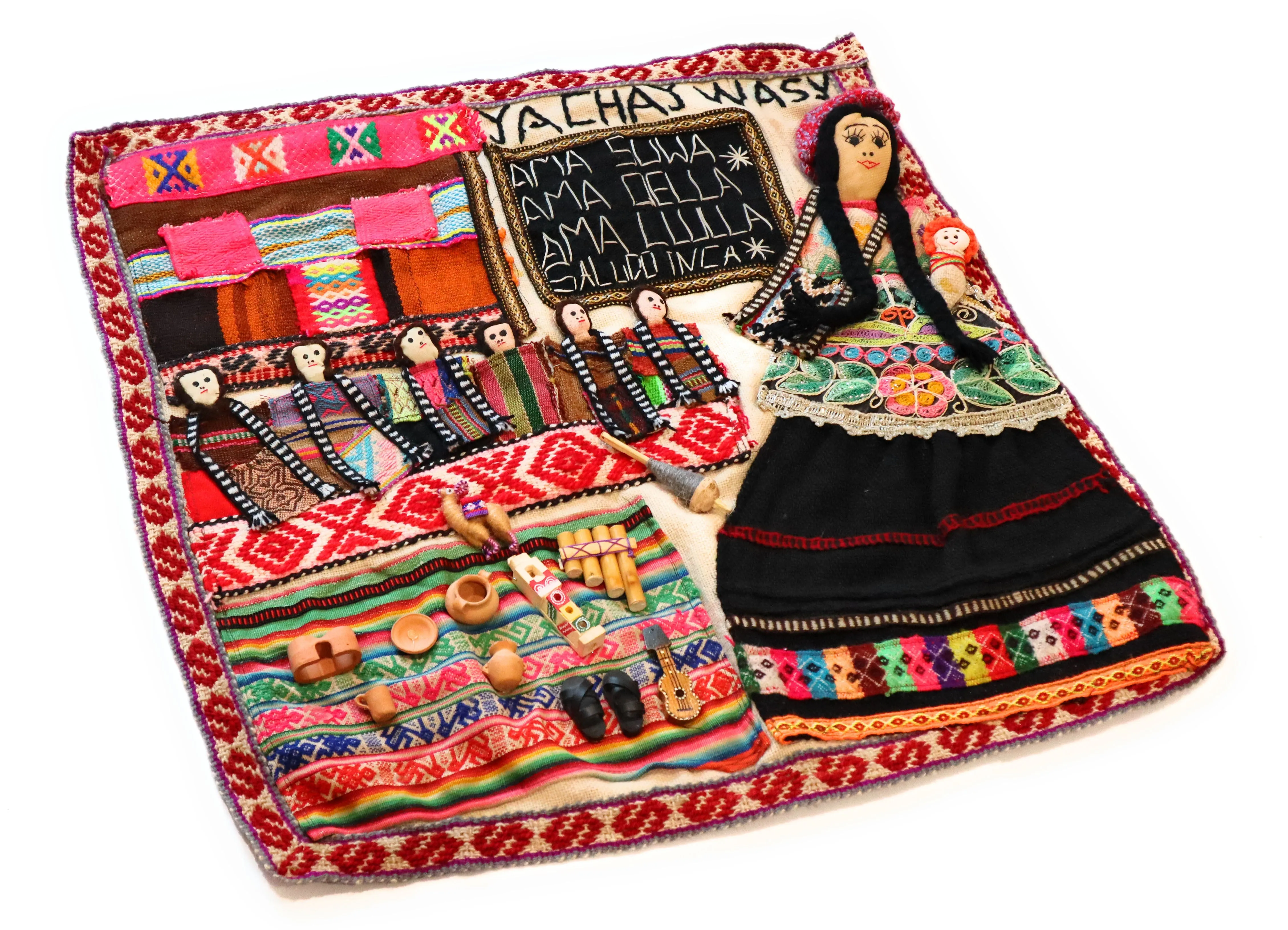 Embroidered Textile Tapestry. Tribute to Education. Three Laws of Inca Empire. Arpillera 24" L x 24.5" W