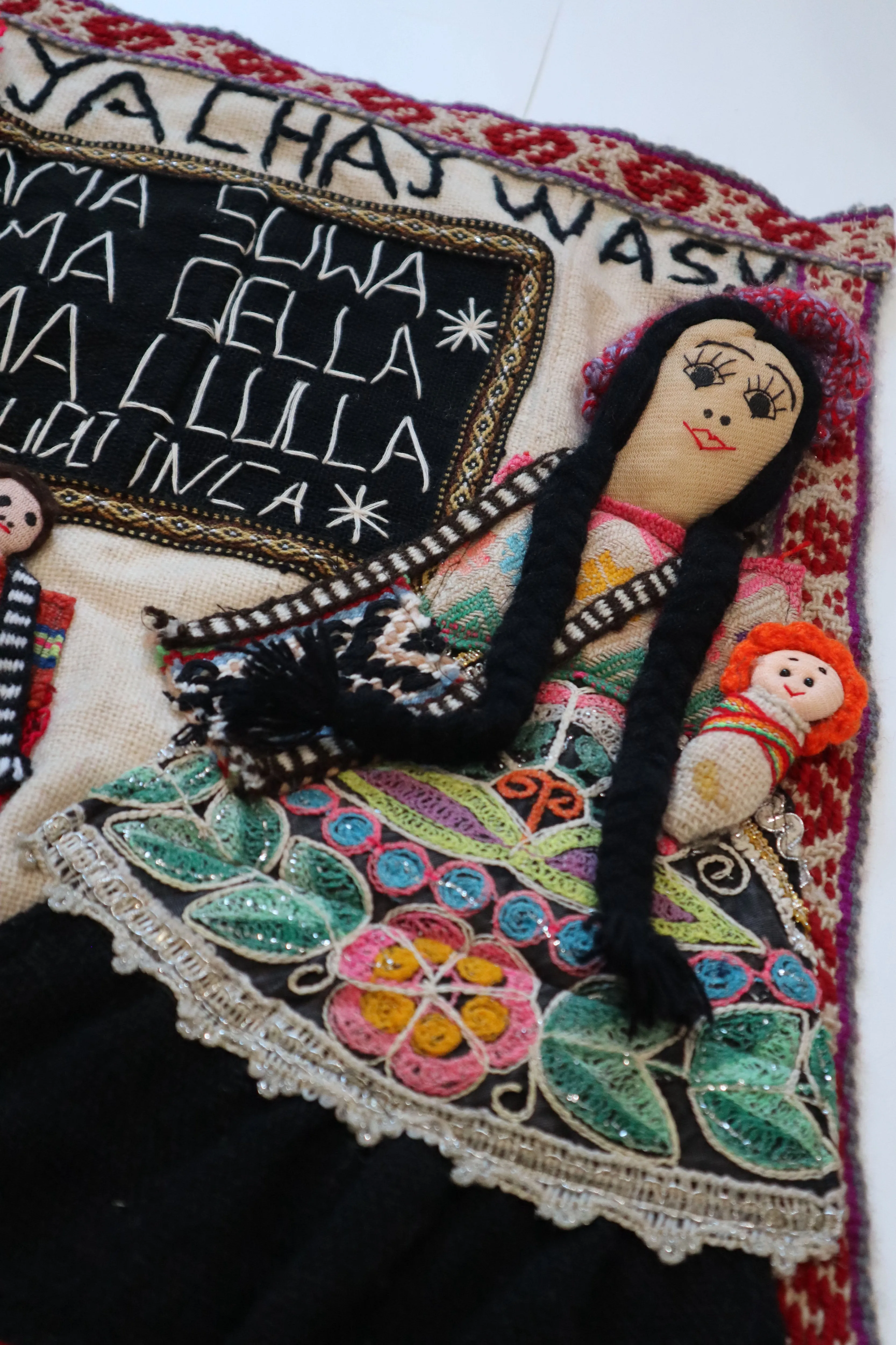 Embroidered Textile Tapestry. Tribute to Education. Three Laws of Inca Empire. Arpillera 24" L x 24.5" W