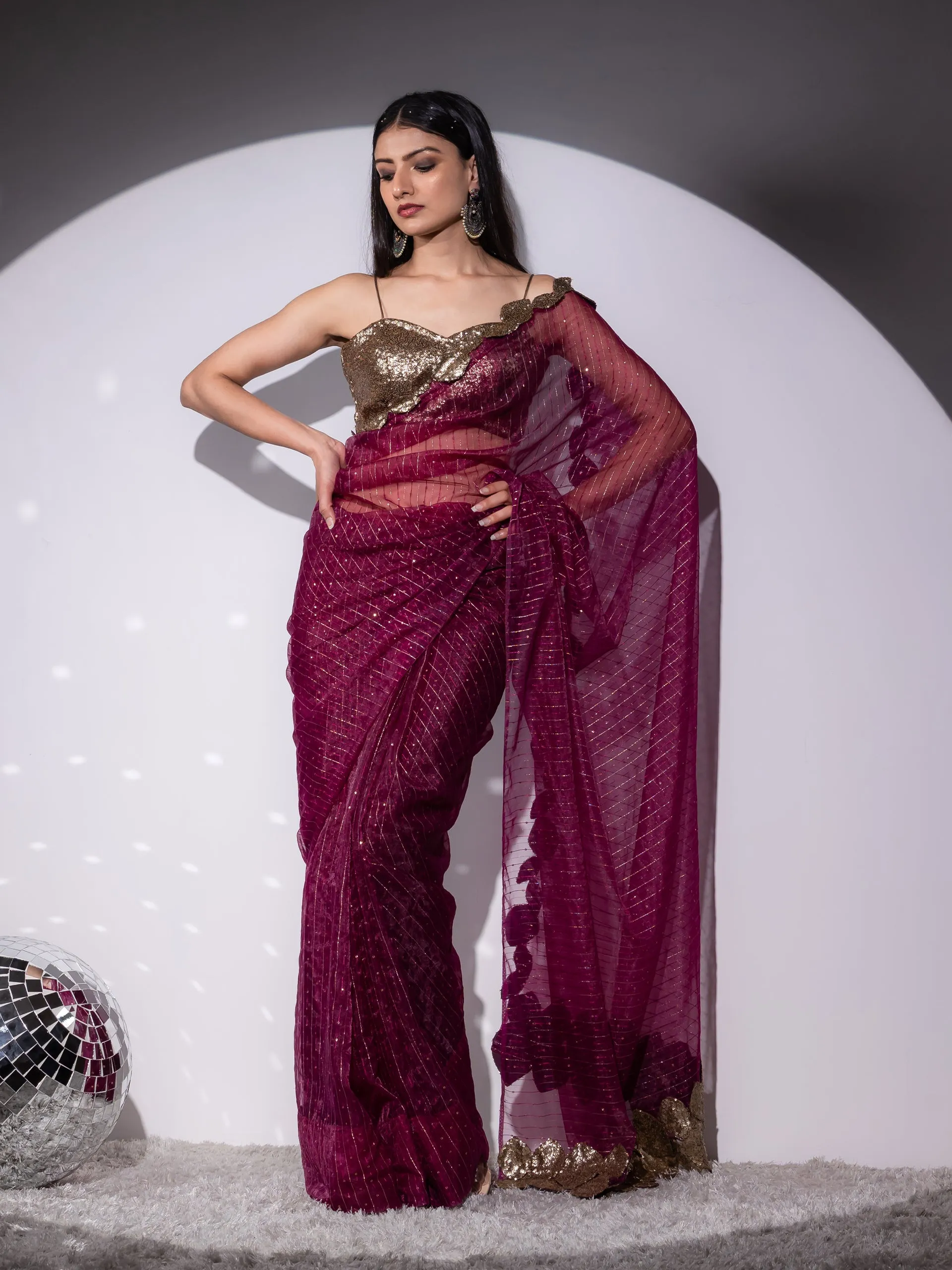 Falling leaves Sparkle Wine Saree