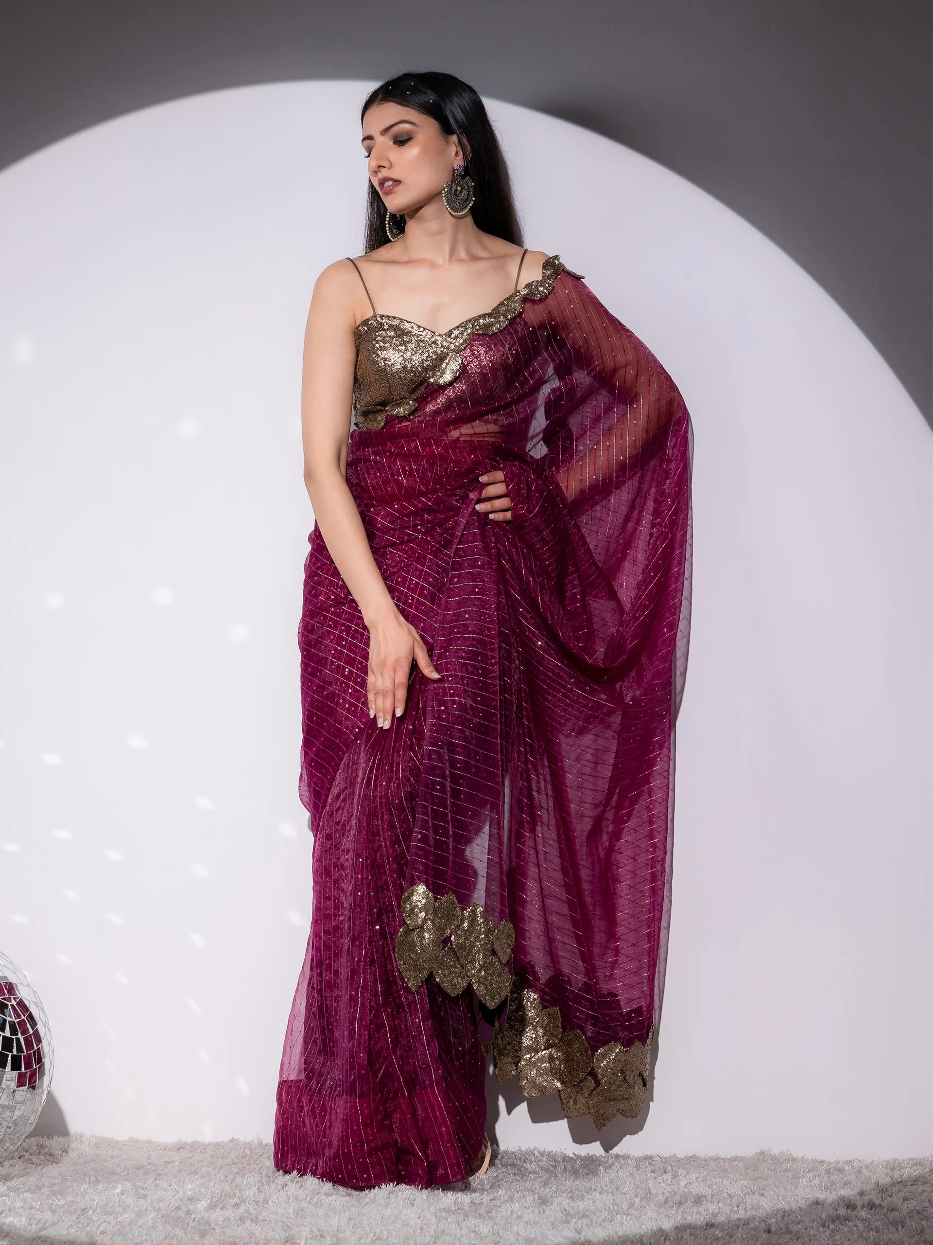 Falling leaves Sparkle Wine Saree