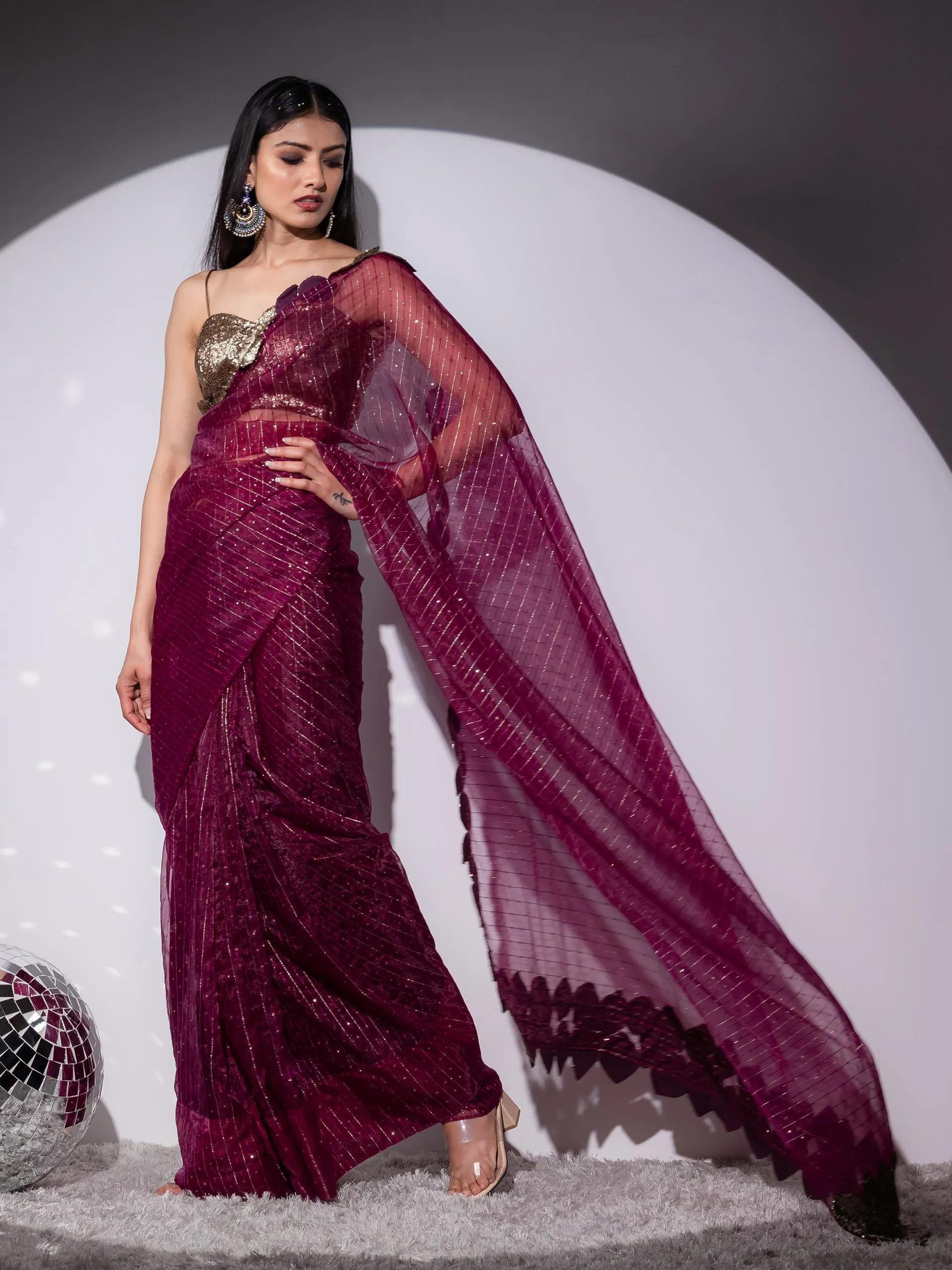 Falling leaves Sparkle Wine Saree
