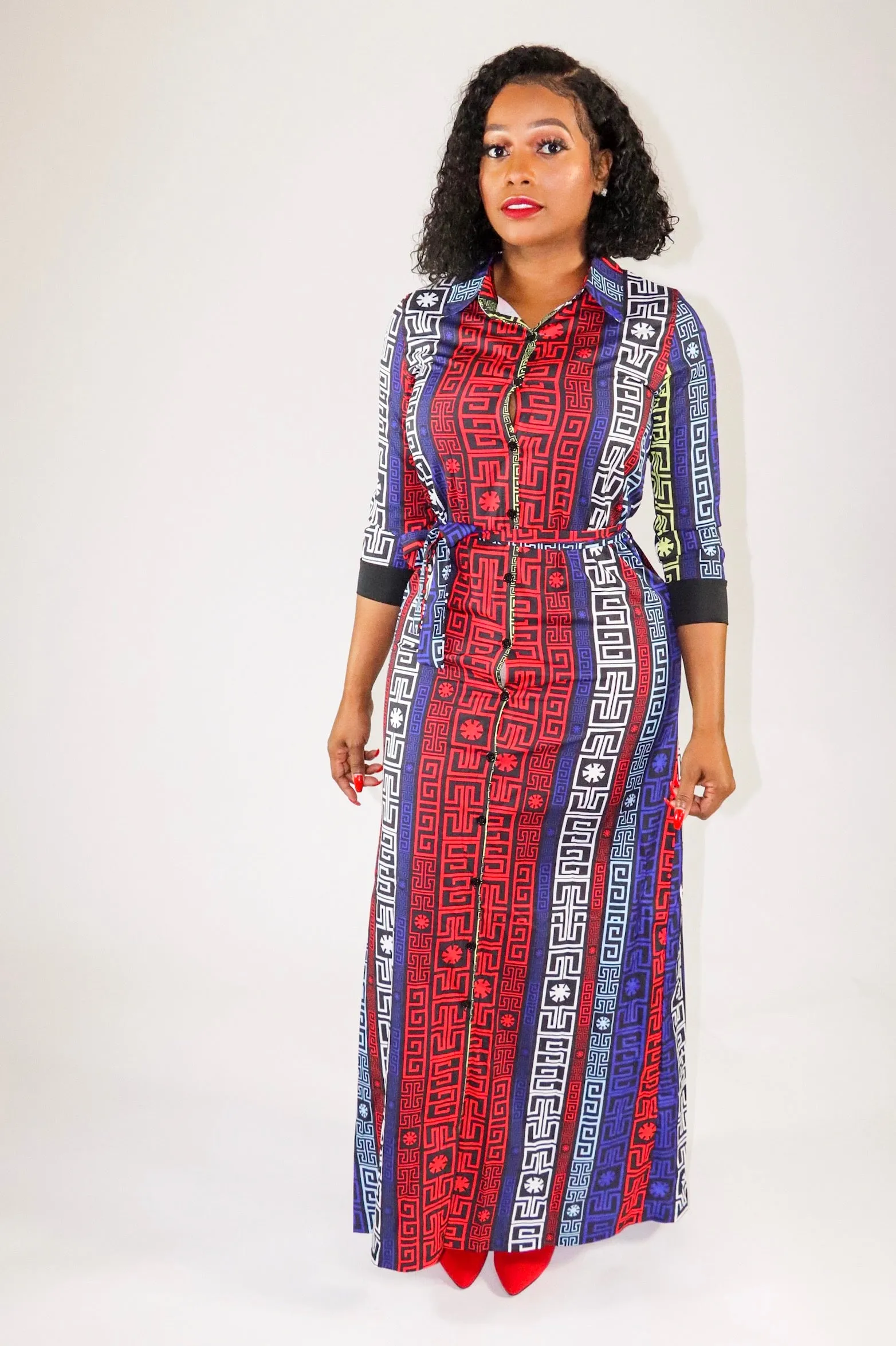 Fantasia Red Blue Multi Color Mixed Print Dress