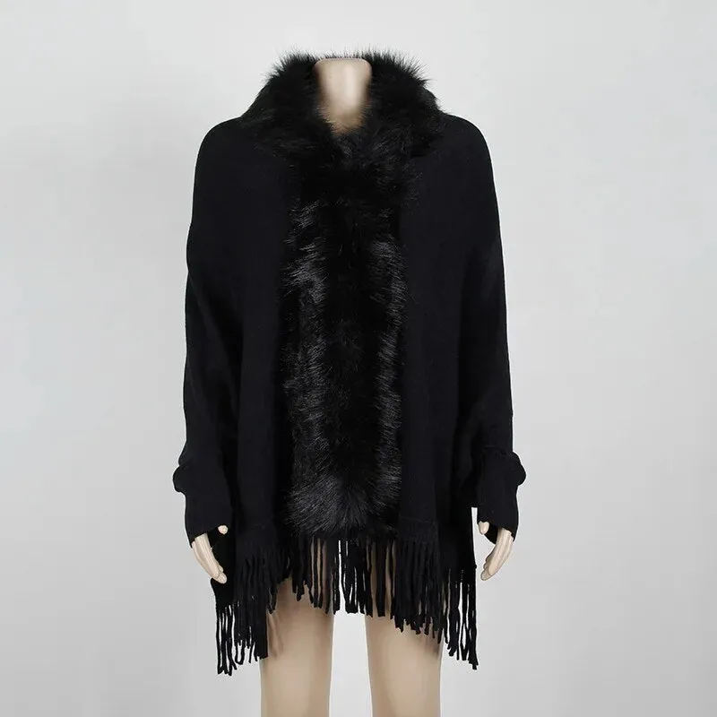 Faux Fur Collar Winter Shawls And Wraps Boho Women's Winter Shawls Cardigan Sweater Fringe Oversized Ponchos