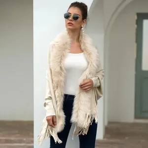 Faux Fur Collar Winter Shawls And Wraps Boho Women's Winter Shawls Cardigan Sweater Fringe Oversized Ponchos
