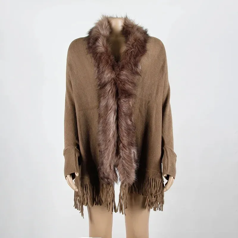 Faux Fur Collar Winter Shawls And Wraps Boho Women's Winter Shawls Cardigan Sweater Fringe Oversized Ponchos