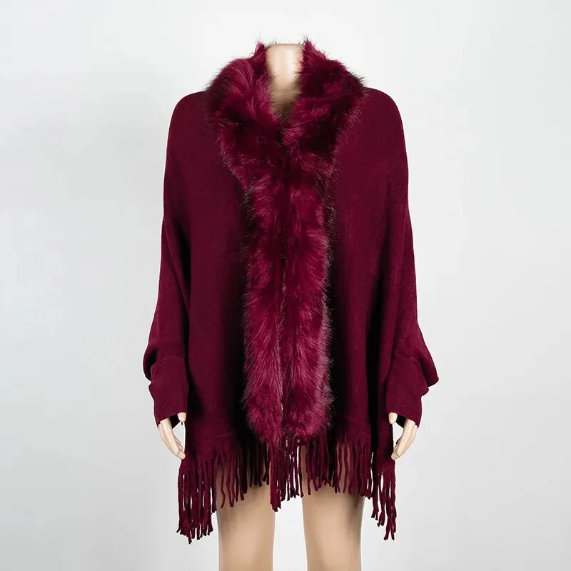 Faux Fur Collar Winter Shawls And Wraps Boho Women's Winter Shawls Cardigan Sweater Fringe Oversized Ponchos