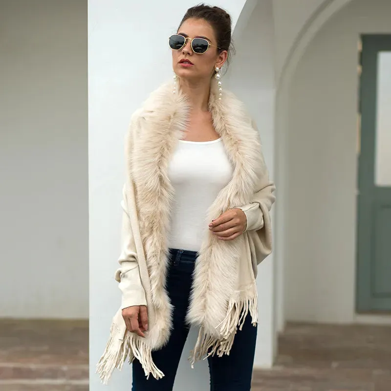 Faux Fur Collar Winter Shawls And Wraps Boho Women's Winter Shawls Cardigan Sweater Fringe Oversized Ponchos