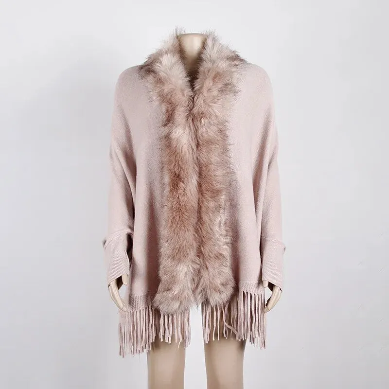 Faux Fur Collar Winter Shawls And Wraps Boho Women's Winter Shawls Cardigan Sweater Fringe Oversized Ponchos
