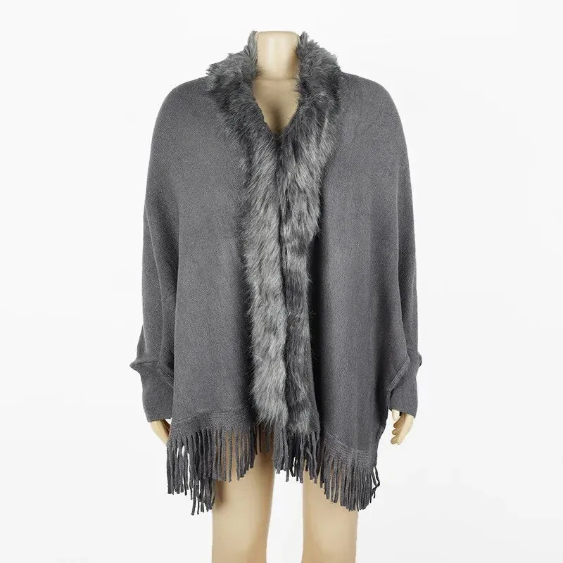 Faux Fur Collar Winter Shawls And Wraps Boho Women's Winter Shawls Cardigan Sweater Fringe Oversized Ponchos