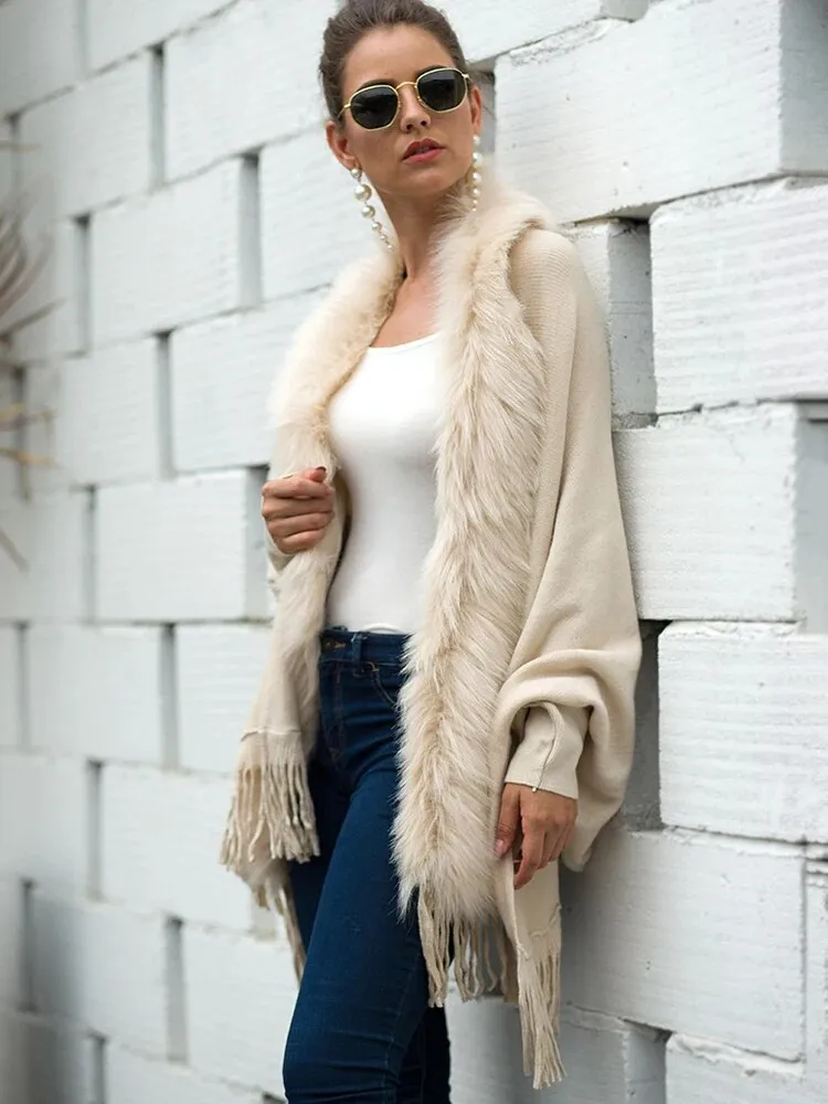 Faux Fur Collar Winter Shawls And Wraps Boho Women's Winter Shawls Cardigan Sweater Fringe Oversized Ponchos