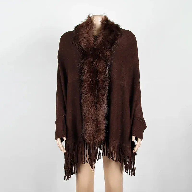 Faux Fur Collar Winter Shawls And Wraps Boho Women's Winter Shawls Cardigan Sweater Fringe Oversized Ponchos