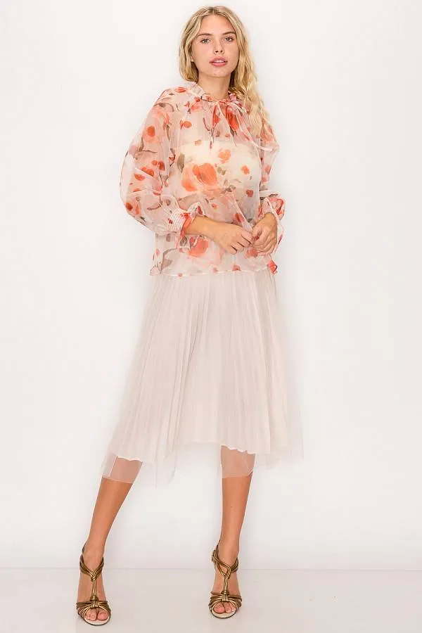 Floral Print Ruffled Organza Top