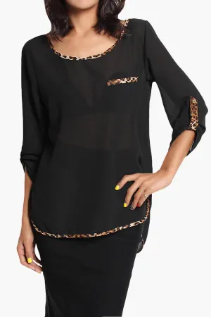 Flores Leopard Accent Boat Neck Chiffon Top