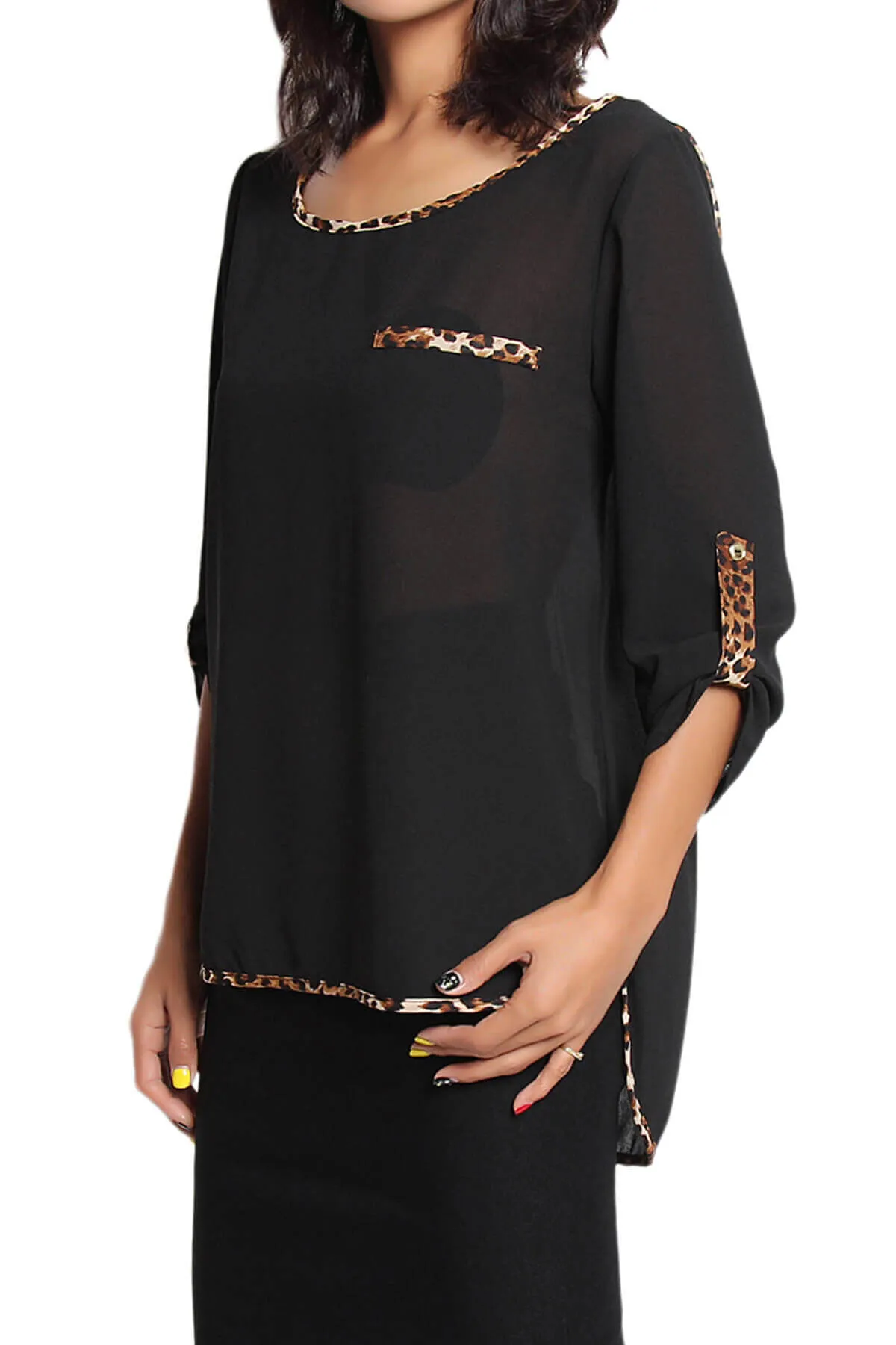 Flores Leopard Accent Boat Neck Chiffon Top