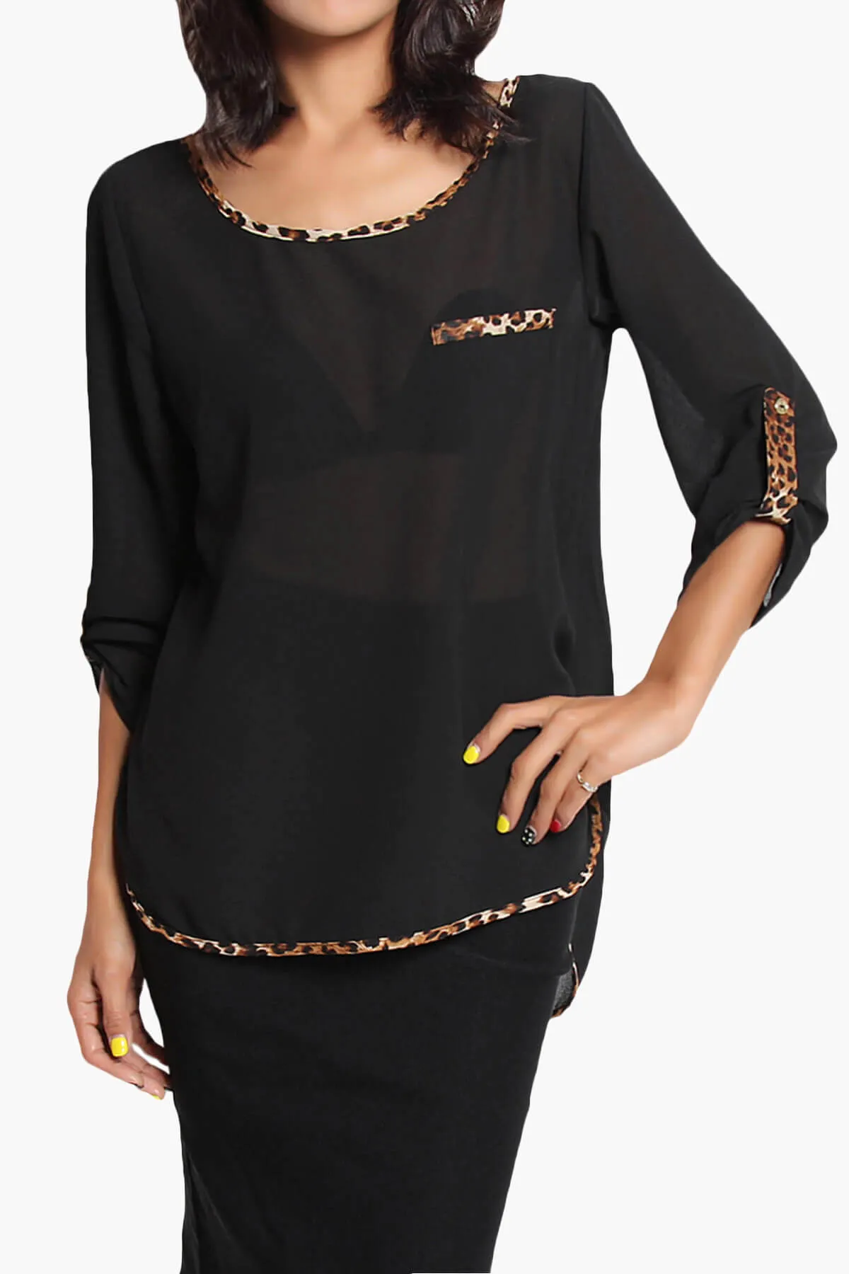 Flores Leopard Accent Boat Neck Chiffon Top