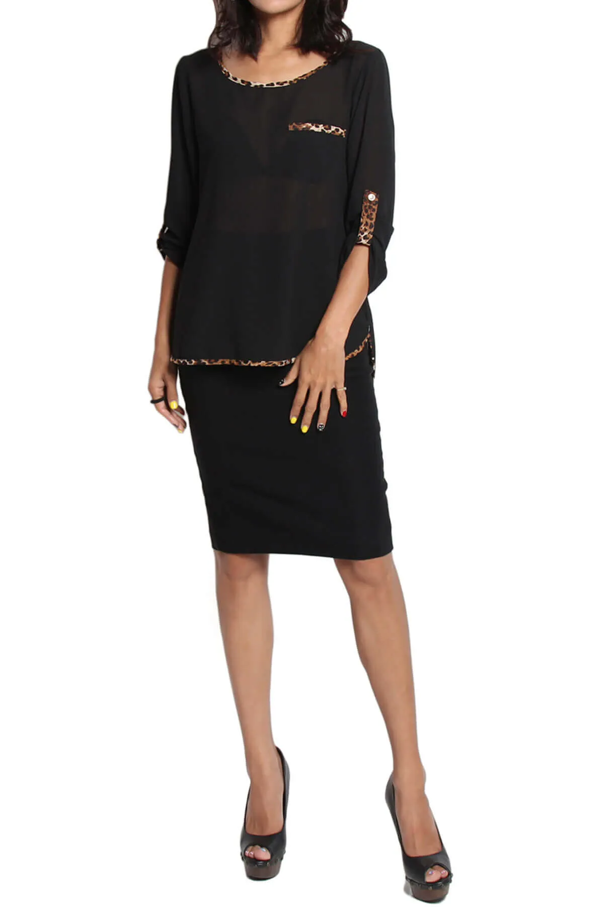 Flores Leopard Accent Boat Neck Chiffon Top