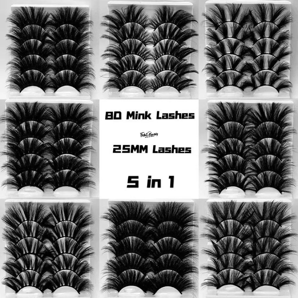 Fofosbeauty False Eyelashes Fluffy 25MM Lashes 3D Mink Long Thick 【5 Pairs Multipack】