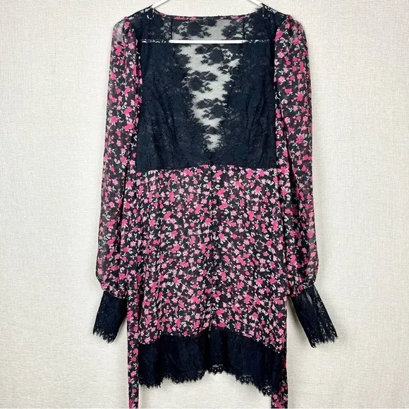 For Love &amp; Lemons Melrose Pink &amp; Black Floral Lace Sheer Plunging Robe Dress