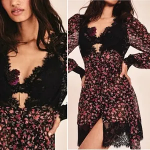 For Love &amp; Lemons Melrose Pink &amp; Black Floral Lace Sheer Plunging Robe Dress
