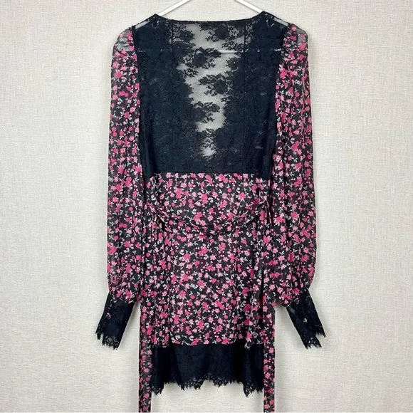 For Love &amp; Lemons Melrose Pink &amp; Black Floral Lace Sheer Plunging Robe Dress