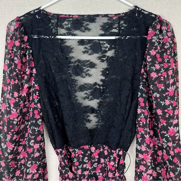For Love &amp; Lemons Melrose Pink &amp; Black Floral Lace Sheer Plunging Robe Dress