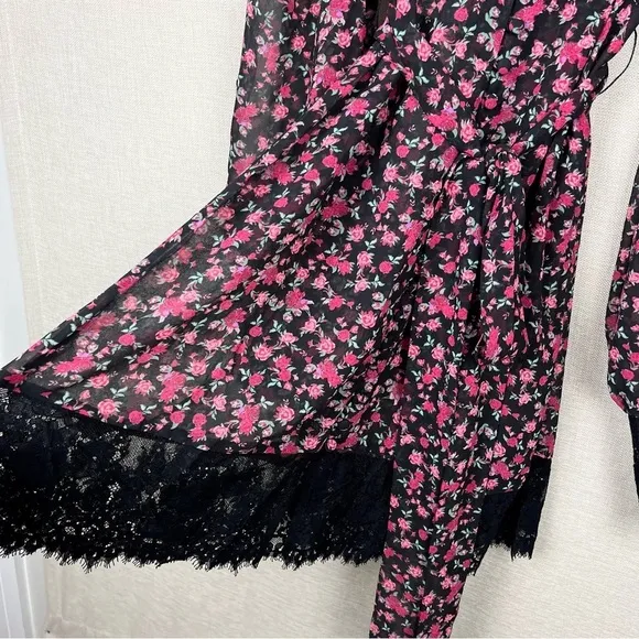 For Love &amp; Lemons Melrose Pink &amp; Black Floral Lace Sheer Plunging Robe Dress