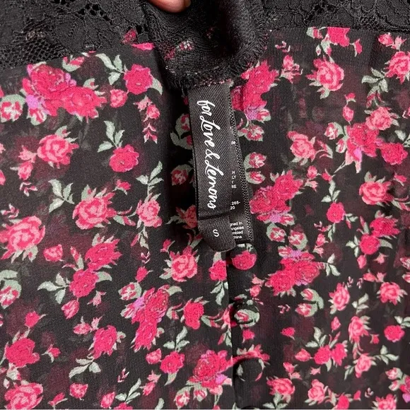 For Love &amp; Lemons Melrose Pink &amp; Black Floral Lace Sheer Plunging Robe Dress