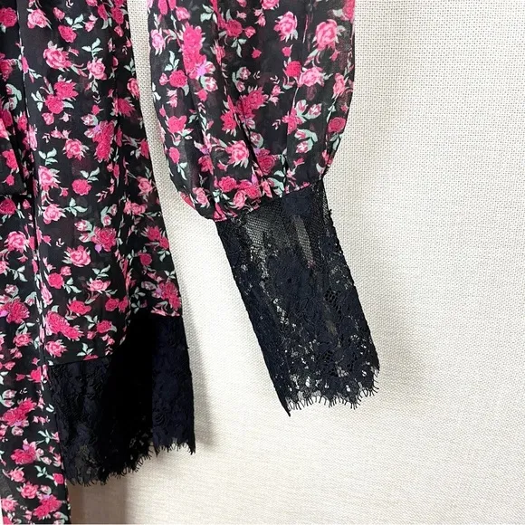For Love &amp; Lemons Melrose Pink &amp; Black Floral Lace Sheer Plunging Robe Dress