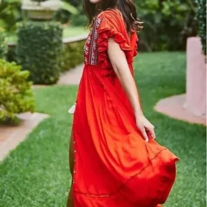 Free People Bali Will Wait For You Roaring Red Embroidered Midi Dress Size Small