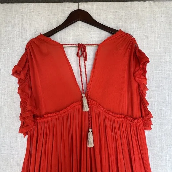 Free People Bali Will Wait For You Roaring Red Embroidered Midi Dress Size Small