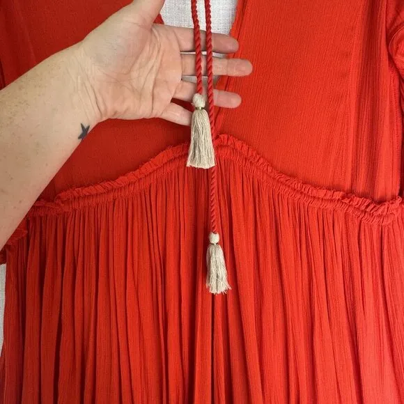 Free People Bali Will Wait For You Roaring Red Embroidered Midi Dress Size Small