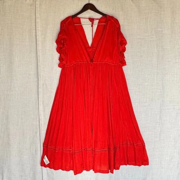Free People Bali Will Wait For You Roaring Red Embroidered Midi Dress Size Small