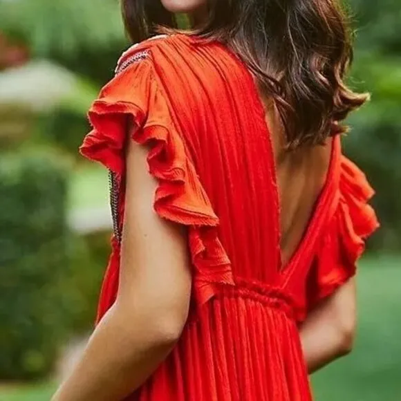 Free People Bali Will Wait For You Roaring Red Embroidered Midi Dress Size Small