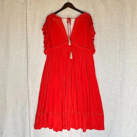 Free People Bali Will Wait For You Roaring Red Embroidered Midi Dress Size Small