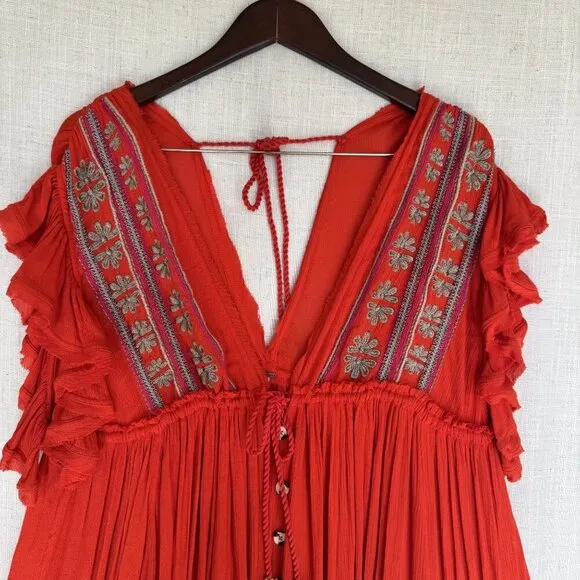 Free People Bali Will Wait For You Roaring Red Embroidered Midi Dress Size Small