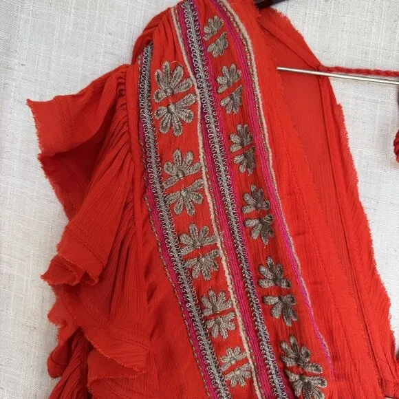 Free People Bali Will Wait For You Roaring Red Embroidered Midi Dress Size Small