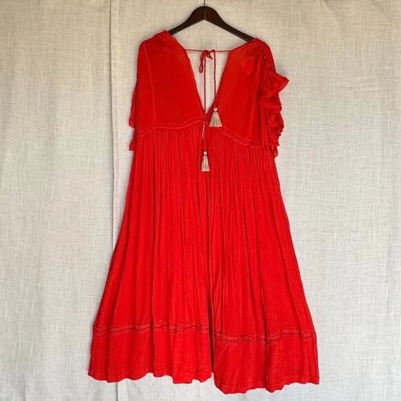 Free People Bali Will Wait For You Roaring Red Embroidered Midi Dress Size Small