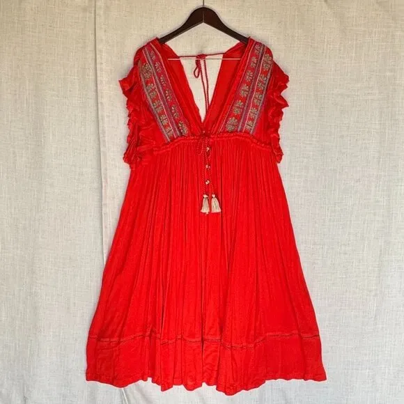 Free People Bali Will Wait For You Roaring Red Embroidered Midi Dress Size Small