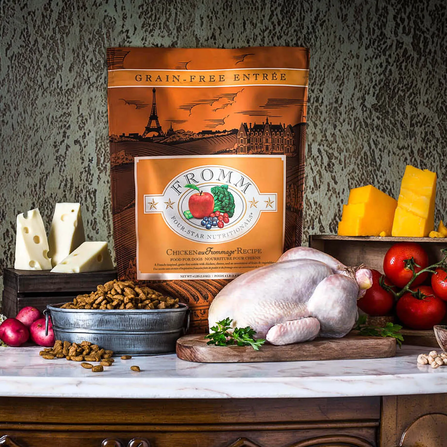 Fromm Dry Dog Food Chicken au Frommage Recipe A French-inspired entrée with chicken, cheese, and an assortment of fruits & vegetables